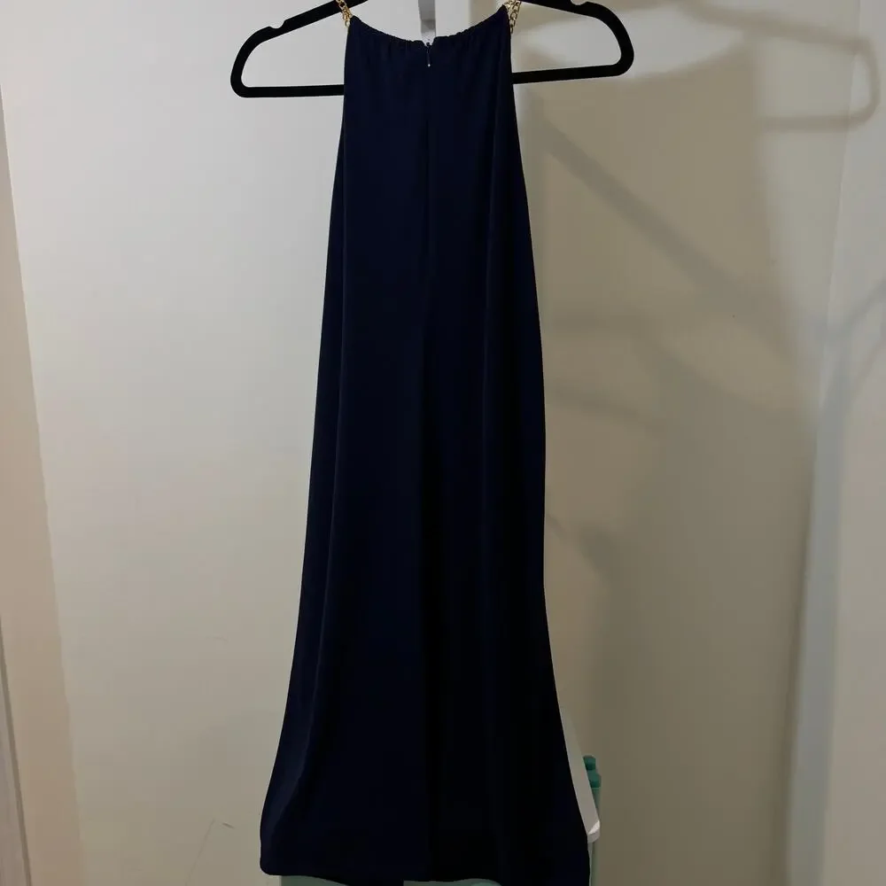 Michael Kors Navy Blue Chain Strap Halter Dress Sleeveless Midi Shift Dress - Picture 4 of 9